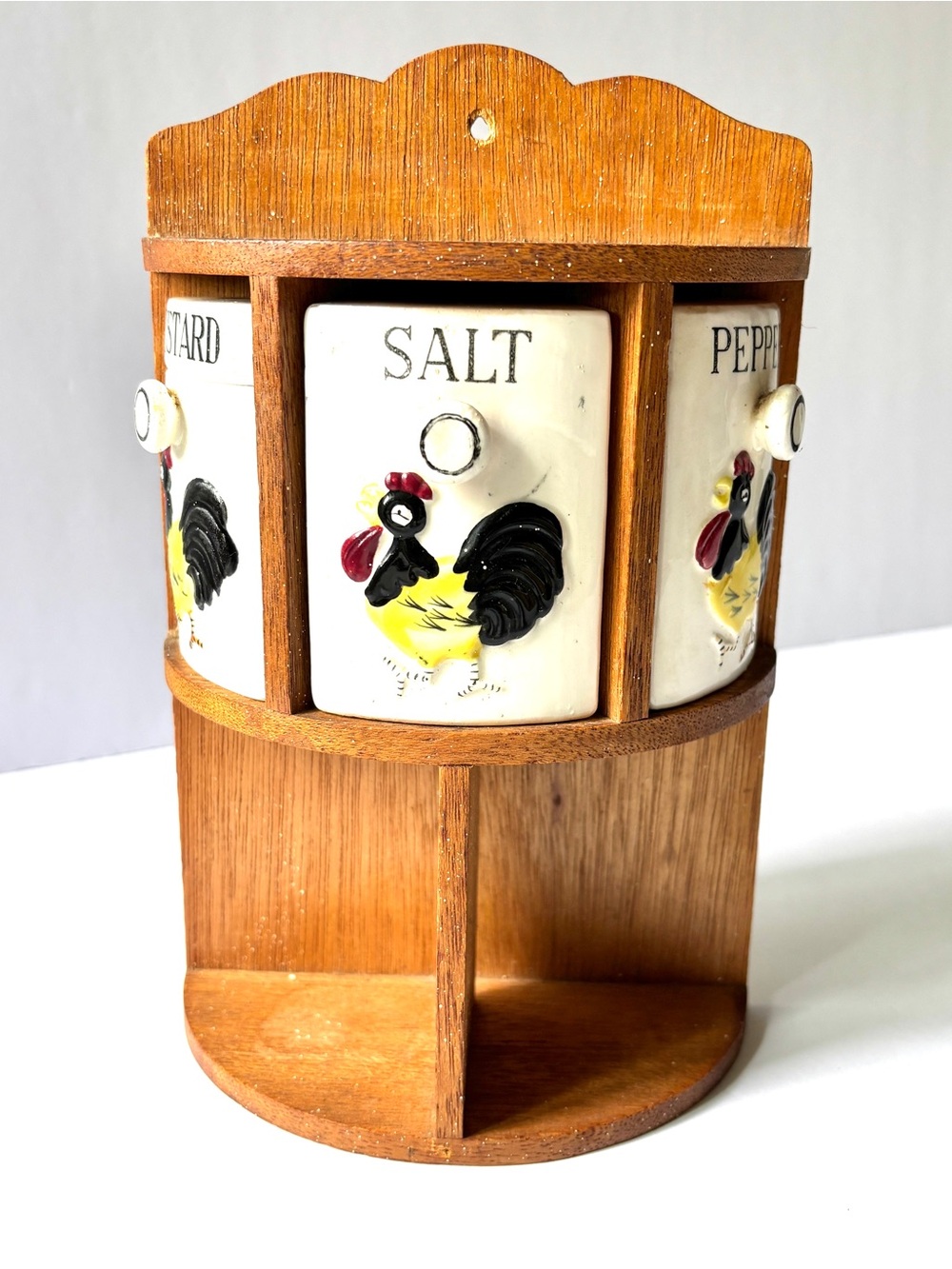 Wood Spice Rack Hen vintage 1950s Japan round ceramic rooster drawers Country